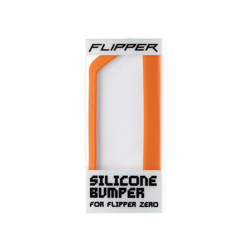 Pomarańczowy silikonowy bumper do Flipper Zero w przezroczystym opakowaniu z napisem Silicone Bumper for Flipper Zero