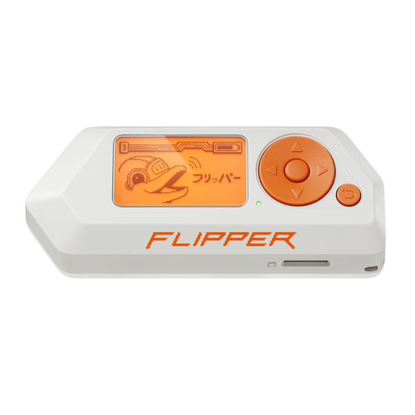 Flipper Zero - biało-pomarańczowe urządzenie z monochromatycznym wyświetlaczem z delfinem, krzyżakiem nawigacyjnym i napisem FLIPPER