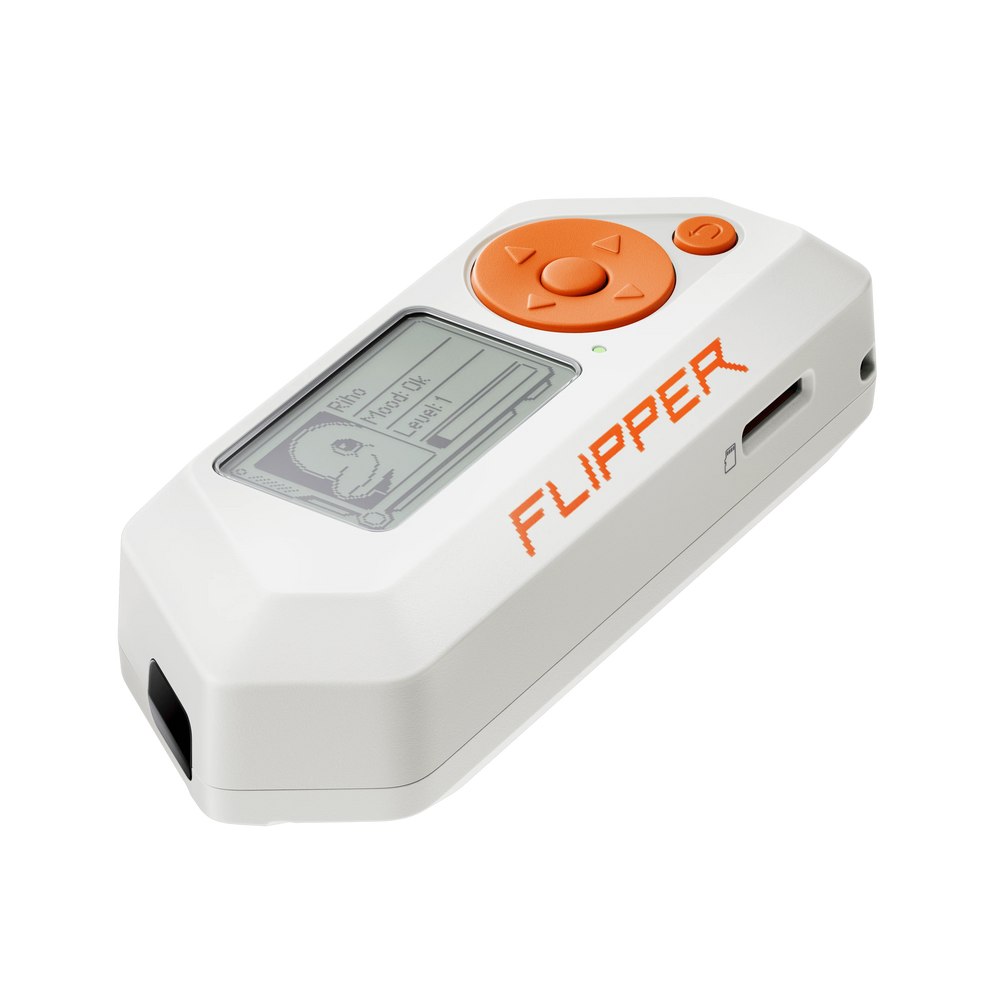 Flipper Zero at an angle from the side, showing the display, the D-pad and the body with the infrared port