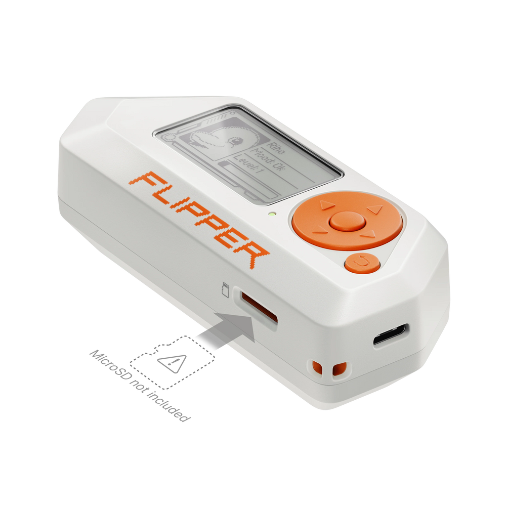 Flipper Zero with the microSD card slot (with a note that the card is not included) and the USB-C port