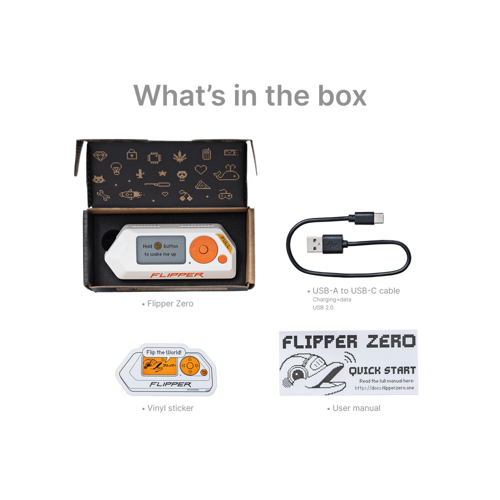 Flipper Zero box contents graphic - the device, a USB-A to USB-C cable, a vinyl sticker and the manual