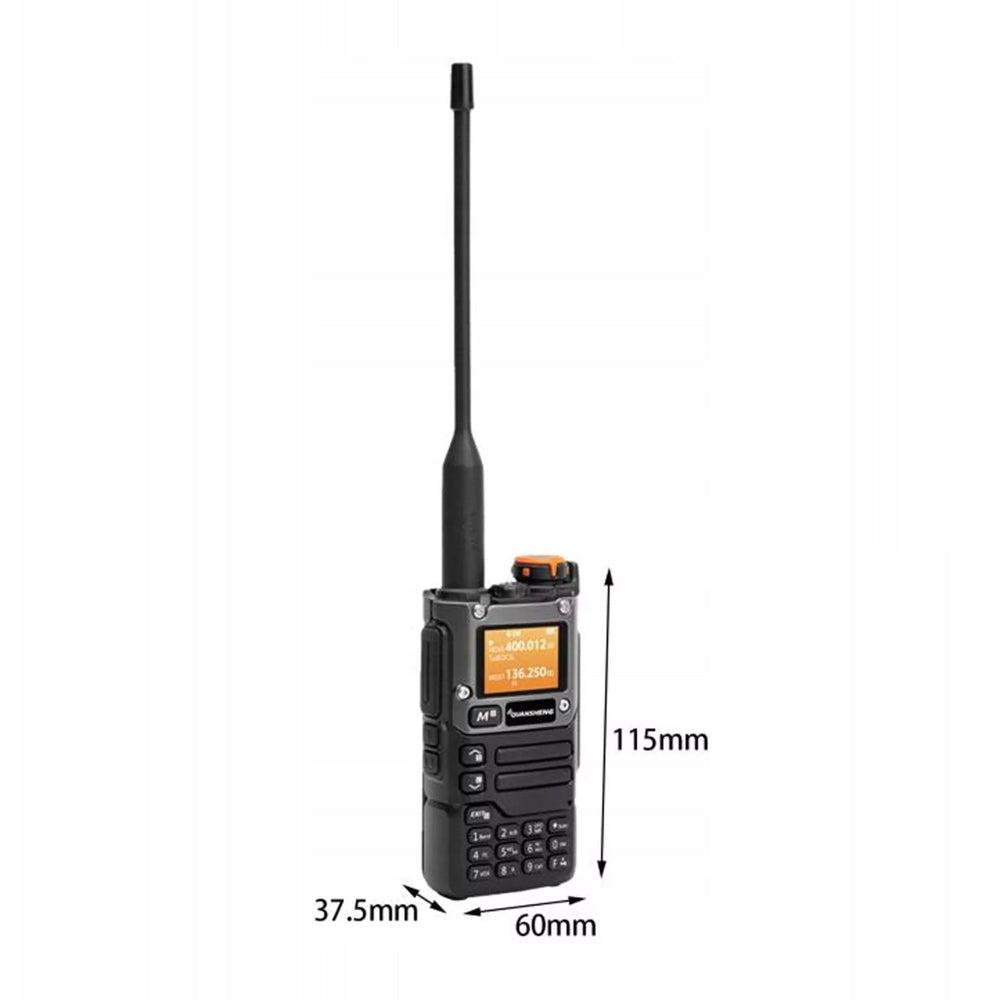 Schemat wymiarów radiotelefonu Quansheng UV-K6: 115 mm wysokości, 60 mm szerokości, 37,5 mm głębokości