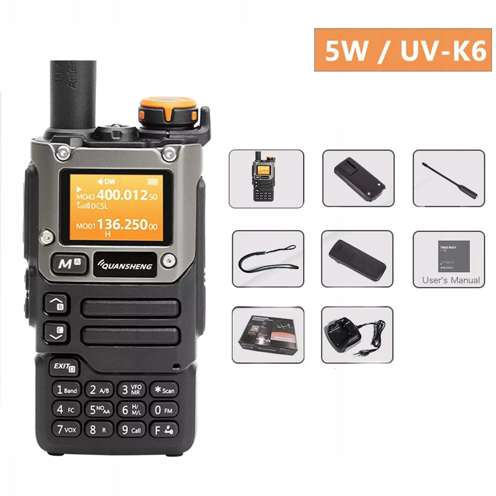 Radiotelefon Quansheng UV-K6 5W z rozpiską zawartości zestawu: antena, akumulator, pasek, klips, ładowarka i instrukcja
