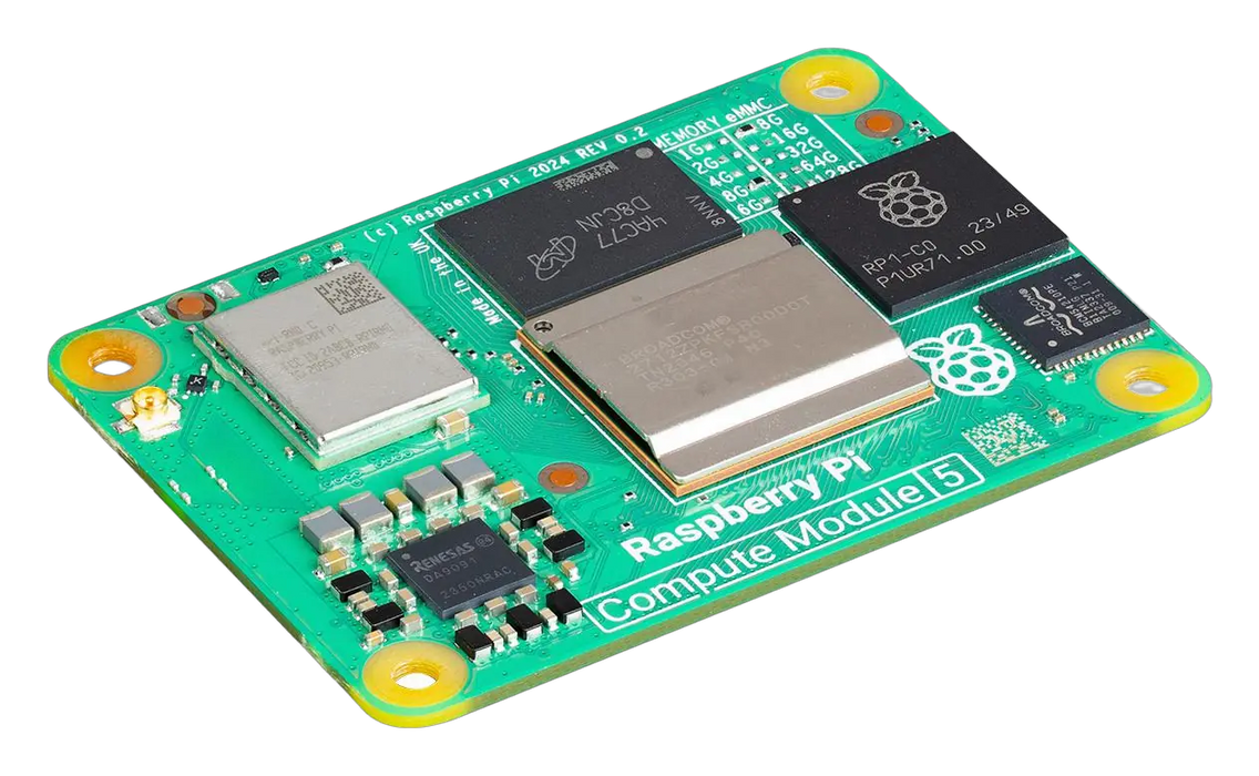 Raspberry Pi Compute Module 5 - zielona plytka pod skosem z procesorem Broadcom, pamiecia i logo maliny