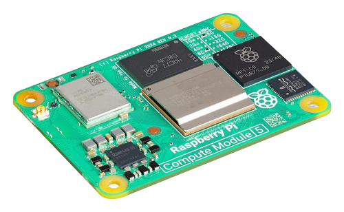 Raspberry Pi Compute Module 5 - zielona plytka pod skosem z procesorem Broadcom, pamiecia i logo maliny