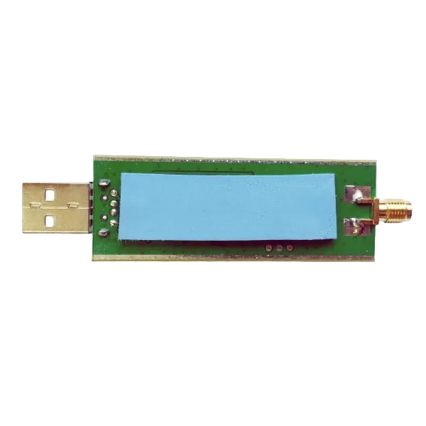 The other side of the RTL-SDR Blog V4 receiver's circuit board on a white background - a large blue thermal pad covers much of the components, a USB-A plug on the left and a gold SMA connector on the right