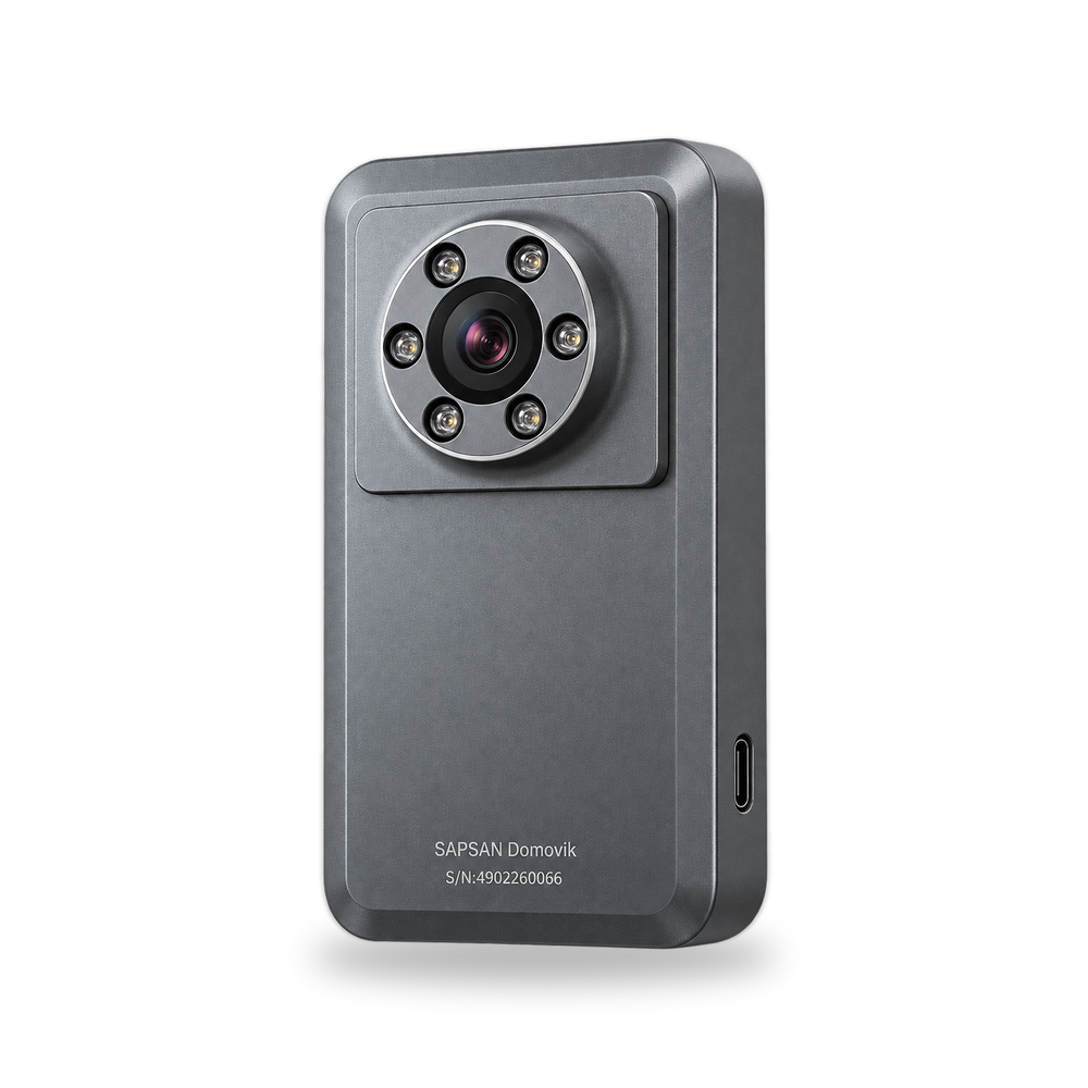 Back of SAPSAN Domovik: a lens with a ring of six LEDs and a USB-C port on the side