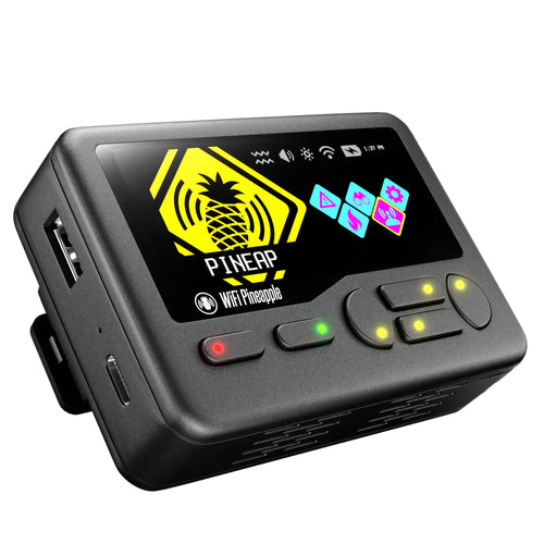 WiFi Pineapple Pager w czarnej obudowie pod skosem z gniazdami USB-A i USB-C