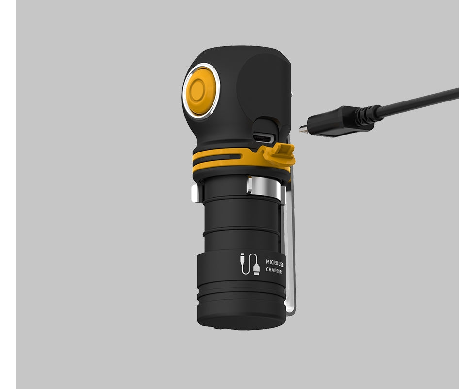 Czarno-żółta kątowa latarka Armytek Elf C2 z portem micro-USB i kablem do ładowania