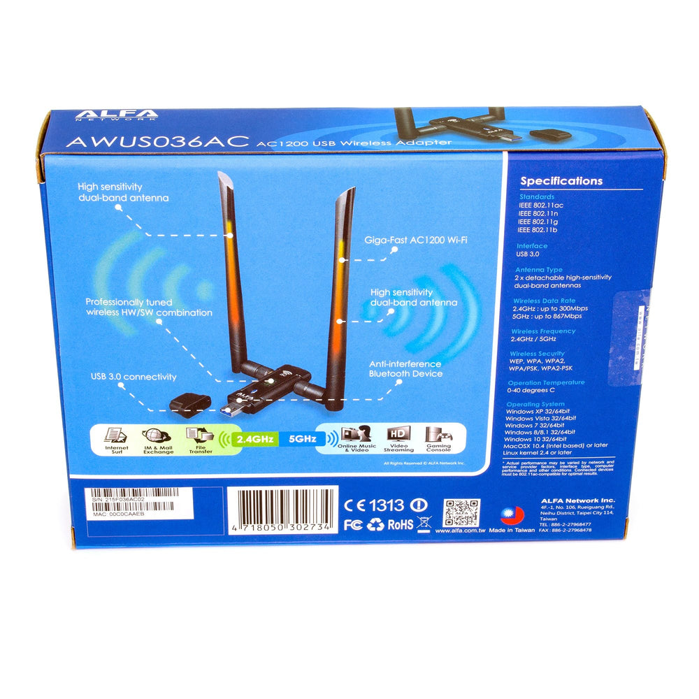 Back of the Alfa AWUS036AC adapter box with feature descriptions, specifications and the list of supported systems