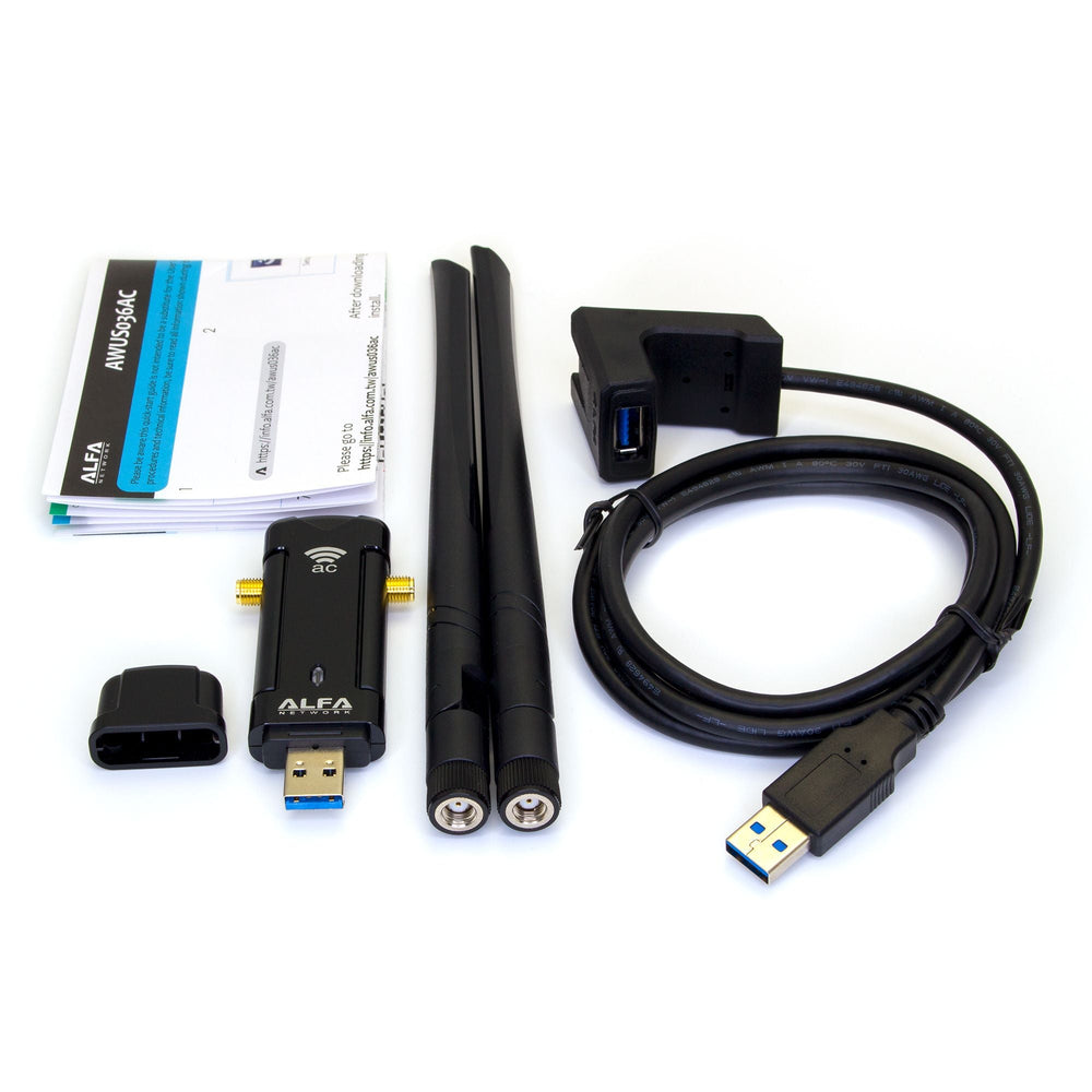 Contents of the Alfa AWUS036AC kit - the adapter, two antennas, a USB 3.0 cable, a docking stand and the manual