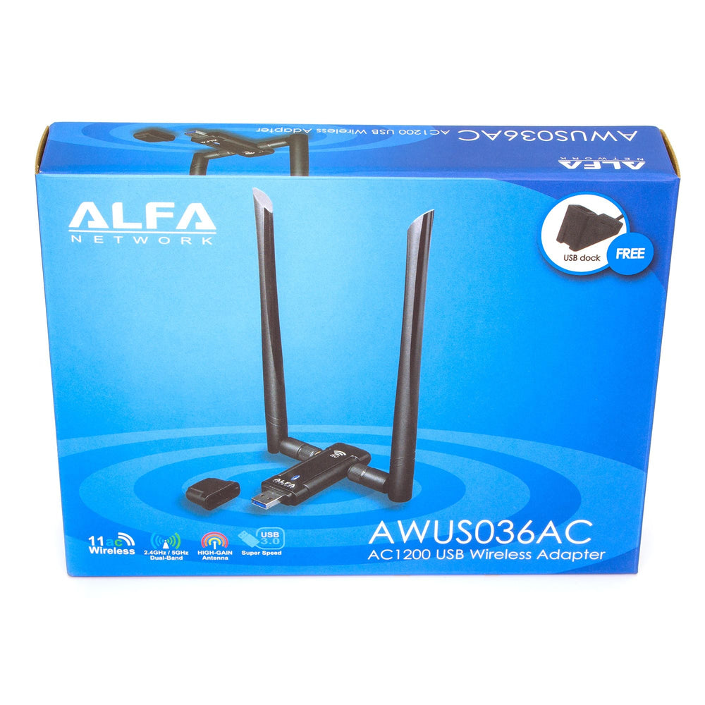 Box of the Alfa AWUS036AC AC1200 adapter with the product graphic, feature icons and the included USB dock badge