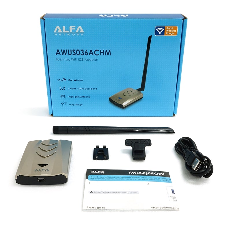 Lieferumfang des Kits mit der blauen ALFA AWUS036ACHM Verpackung (802.11ac, Dual-Band) - Adapter, Antenne, Halterung mit Clip, USB-Kabel und Anleitung