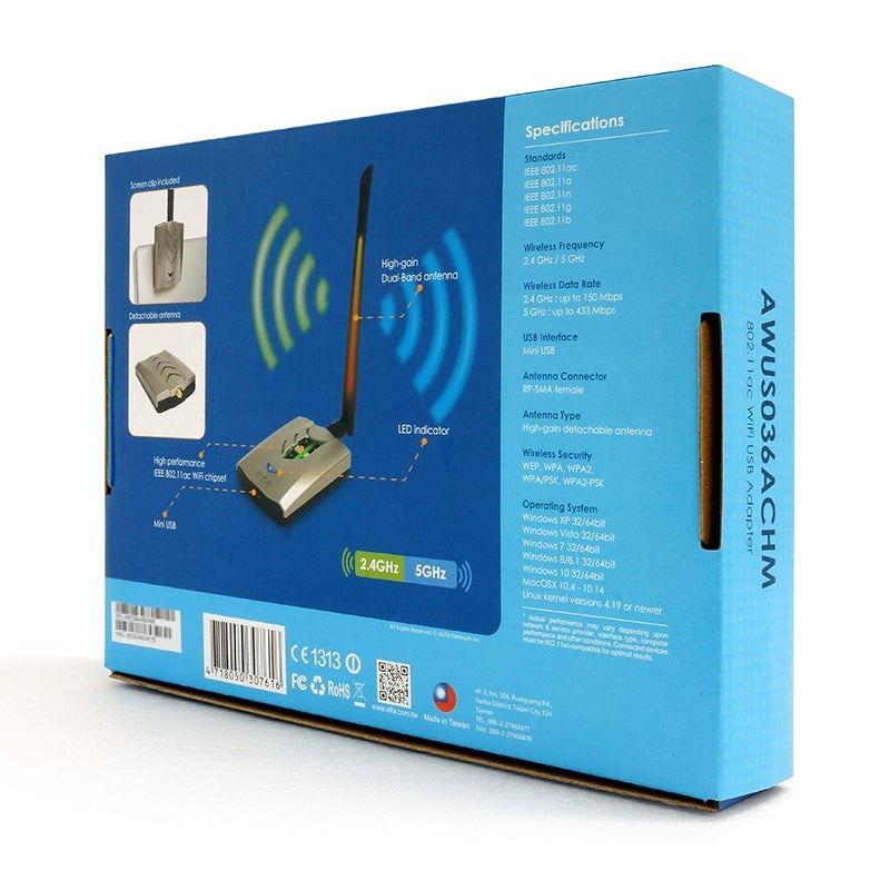 Rückseite der blauen ALFA AWUS036ACHM Verpackung mit Spezifikationen (802.11ac, 2,4/5 GHz Dual-Band, RP-SMA) und einem Funktionsdiagramm