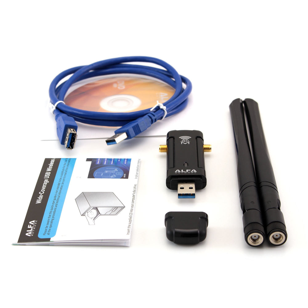 Obsah sady Alfa AWUS036ACM - adaptér, dvě dipólové antény, modrý kabel USB 3.0, CD s ovladači a návod