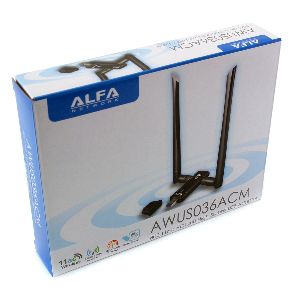 Přední strana modro-bílé krabice ALFA NETWORK AWUS036ACM 802.11ac AC1200 High-Speed USB Adapter s renderem adaptéru se dvěma anténami
