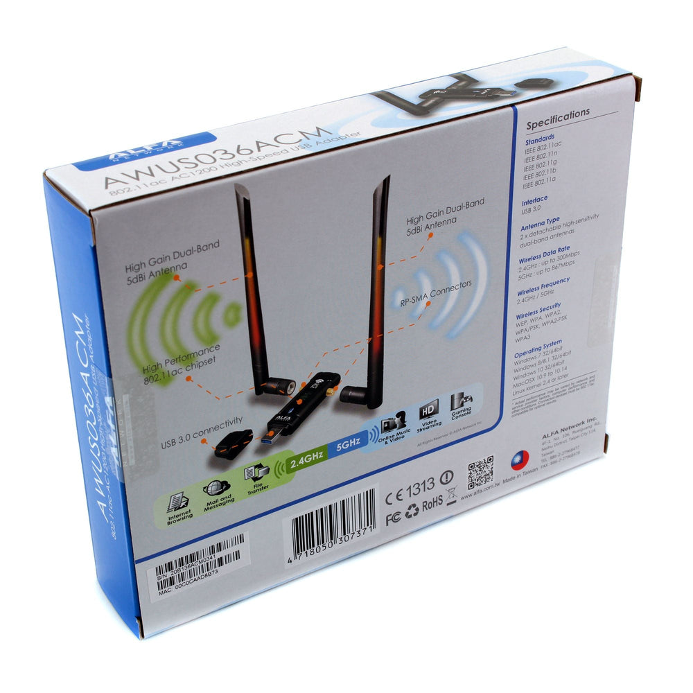 Zadní strana krabice ALFA AWUS036ACM se specifikacemi (802.11ac AC1200, USB 3.0, dvě dual-band antény 5 dBi, RP-SMA) a schématem vlastností