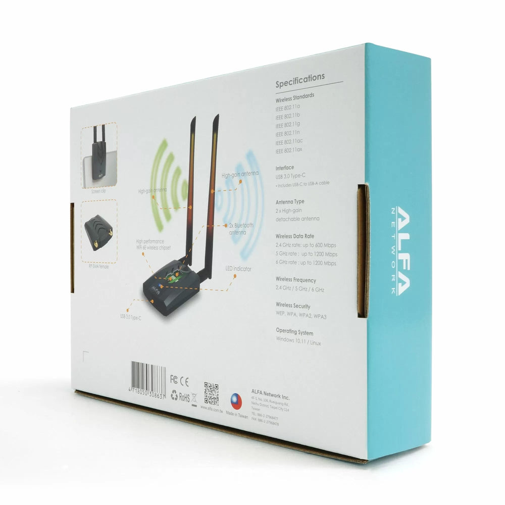 Обратная сторона коробки адаптера Alfa AWUS036AXML - подписанная схема адаптера (антенны с высоким усилением, чипсет WiFi 6E, USB 3.0 Type-C, светодиод) и панель Specifications с характеристиками (стандарты 802.11a/b/g/n/ac/ax, диапазоны 2,4/5/6 ГГц, защита WEP/WPA/WPA2/WPA3, Windows/Linux), на белом фоне