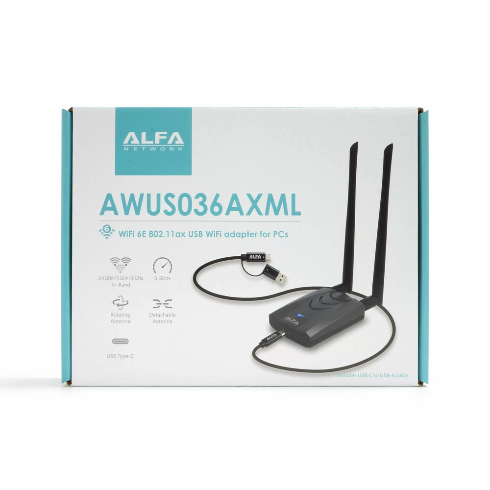 Коробка адаптера Alfa AWUS036AXML спереди плашмя - бело-бирюзовая упаковка с логотипом ALFA NETWORK, названием AWUS036AXML, описанием WiFi 6E 802.11ax, значками функций и графикой адаптера с антеннами и кабелем USB-C - USB-A, на белом фоне