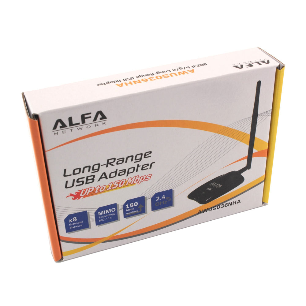 Přední strana bílé krabice ALFA NETWORK AWUS036NHA Long-Range USB Adapter do 150 Mbps s renderem adaptéru s anténou