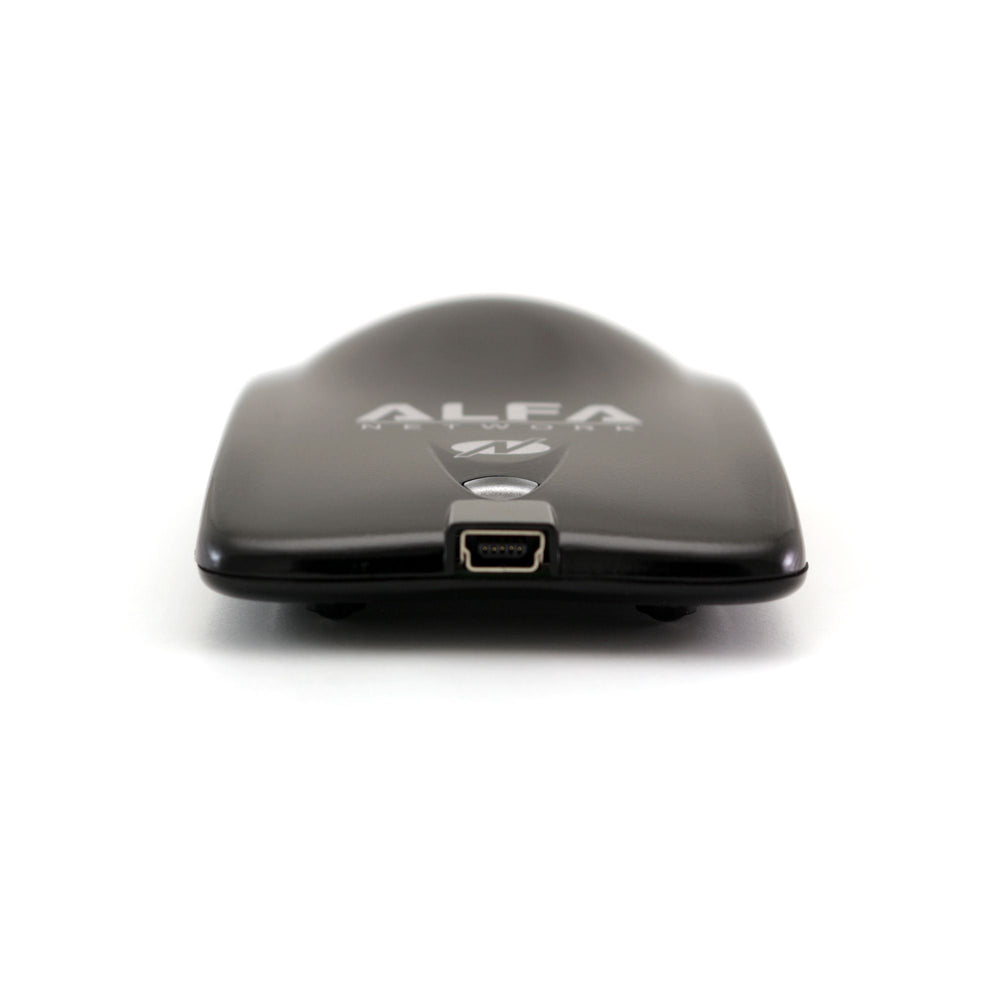 Černý USB Wi-Fi adaptér Alfa AWUS036NHA s viditelným portem mini-USB a logem ALFA NETWORK, čelní pohled
