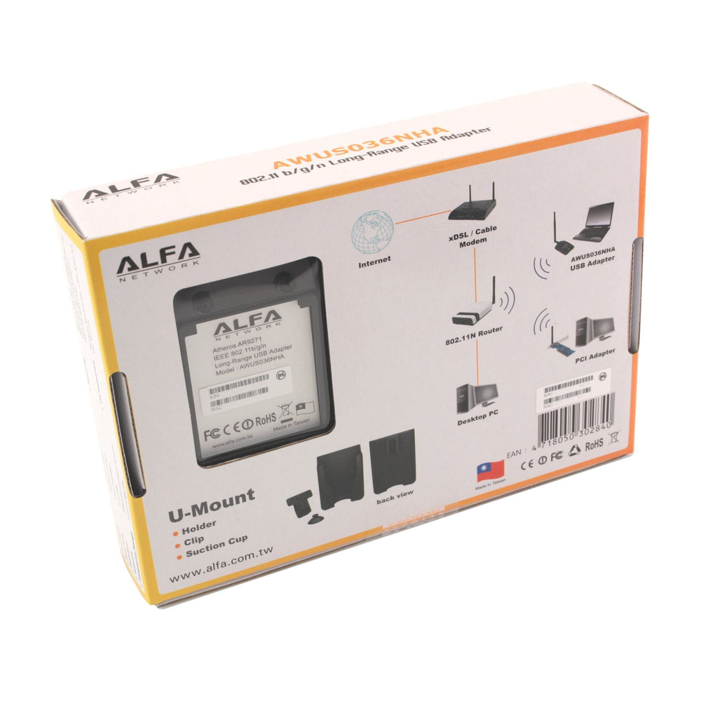 Zadní strana krabice ALFA AWUS036NHA se specifikacemi (Atheros AR9271, 802.11 b/g/n Long-Range USB Adapter), schématem připojení a popisem držáku U-Mount