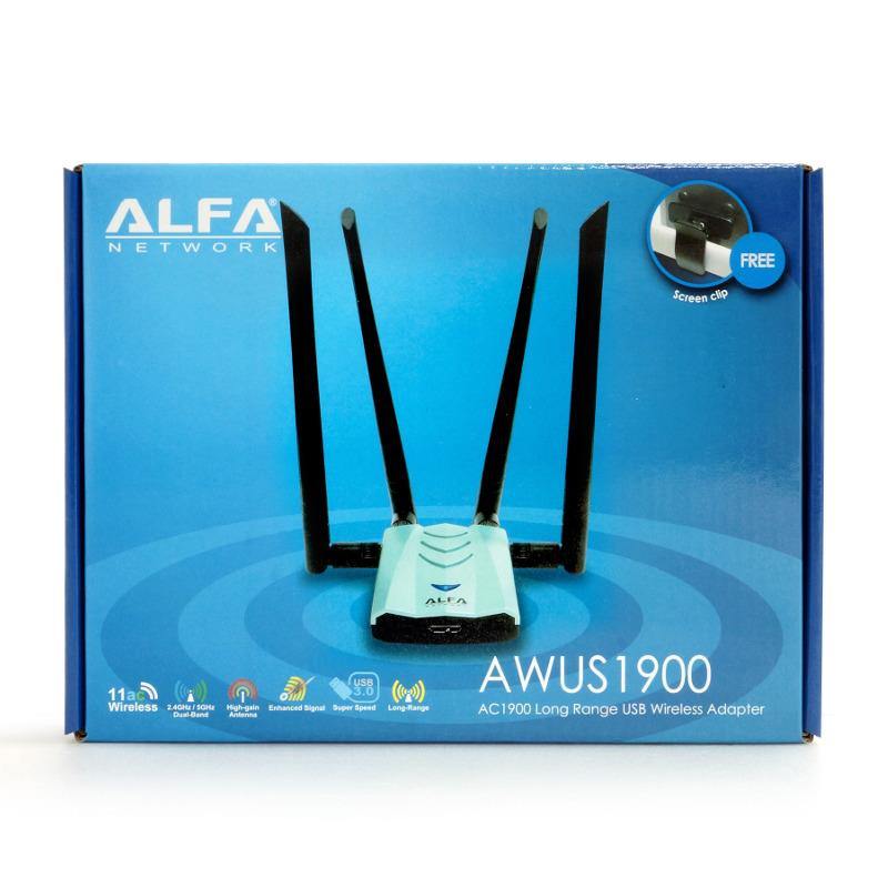 Front of the Alfa AWUS1900 adapter box - blue AC1900 dual-band packaging, USB 3.0 Super Speed, high-gain antenna, with an included screen clip