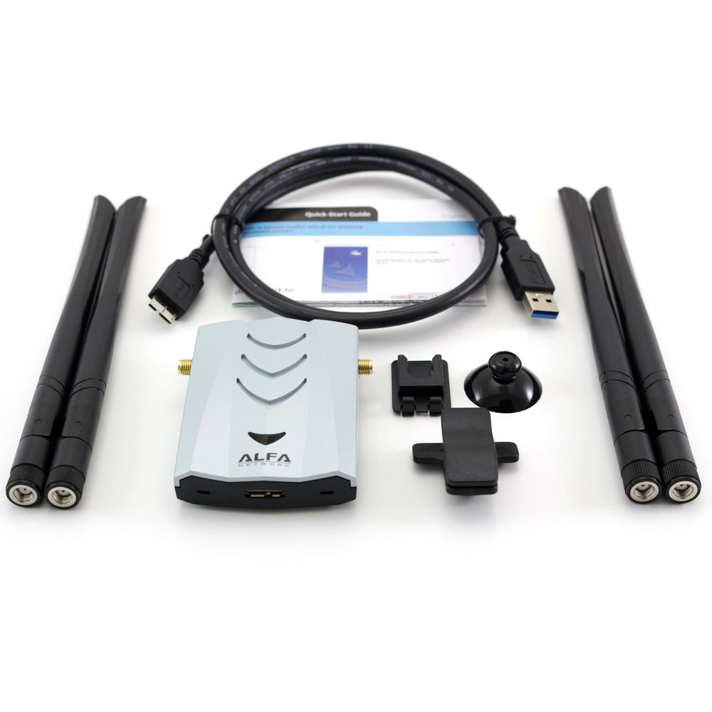 Contents of the Alfa AWUS1900 Wi-Fi adapter kit - adapter, four antennas, USB 3.0 cable, manual and a mounting bracket with suction cup
