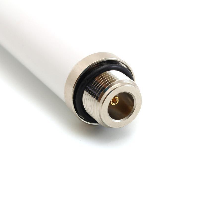 Close-up of the threaded N-Female connector of the white Alfa Network AOA-24 omnidirectional Wi-Fi antenna with visible gold center pin