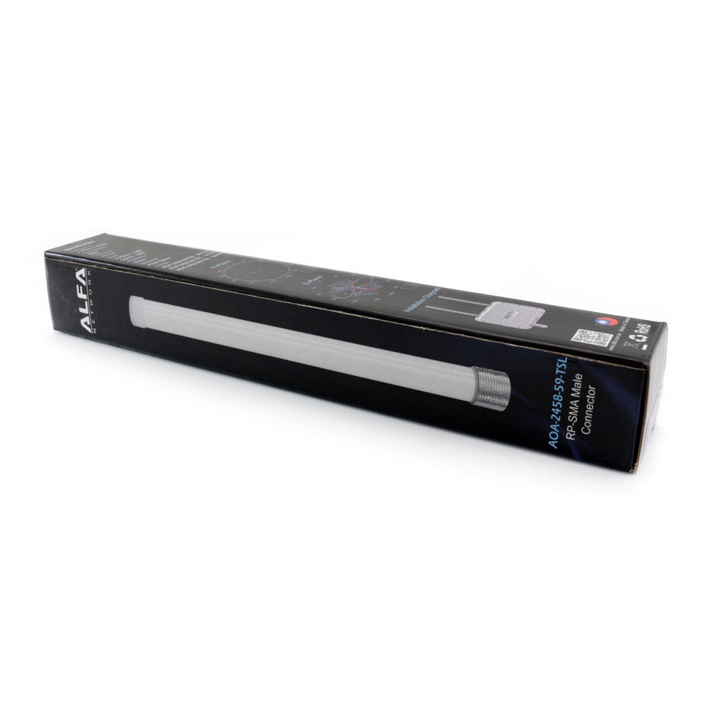 White Alfa AOA-2458-59-TSL omnidirectional antenna with RP-SMA Male connector in a black ALFA NETWORK box with radiation pattern diagrams