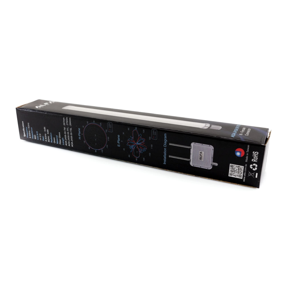 Back of the black ALFA box with the AOA-2458-59 antenna and specifications (2.4/5 GHz, 5/9 dBi, omni) and radiation pattern diagrams