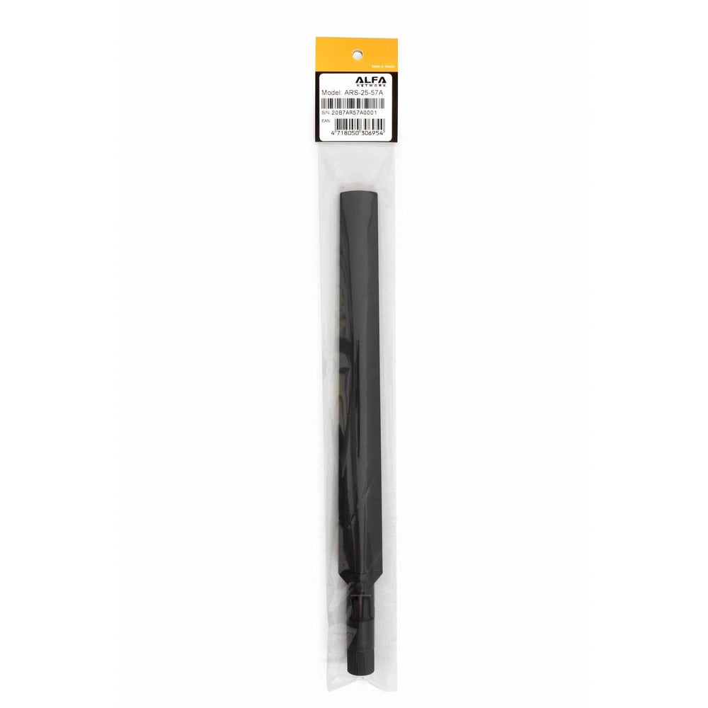 Black flat Alfa Network Wi-Fi antenna in packaging with ALFA NETWORK label showing model ARS-25-57A and barcode