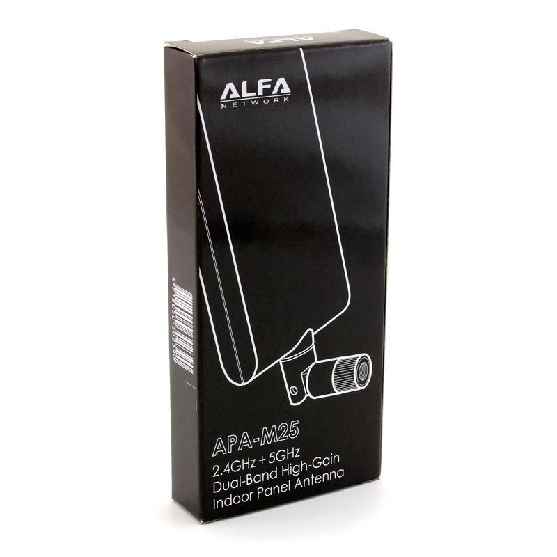 Black ALFA NETWORK APA-M25 2.4/5 GHz dual-band high-gain panel antenna box with a drawing of the panel antenna