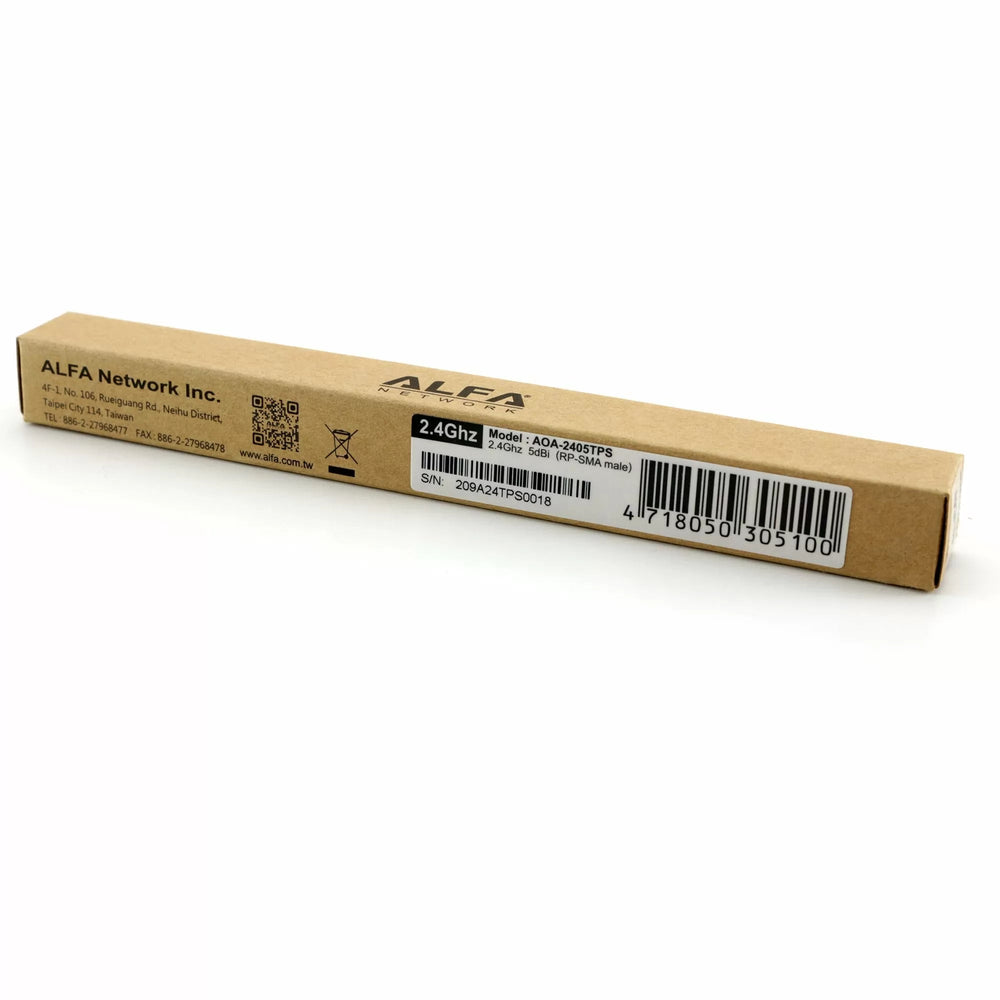 Etikett auf der Kartonverpackung der Alfa Network Antenne - Modell AOA-2405TPS 2,4 GHz 5 dBi mit RP-SMA-Anschluss und Barcode
