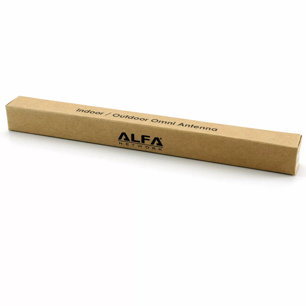 Kartonverpackung der Alfa Network Antenne mit dem Text Indoor / Outdoor Omni Antenna