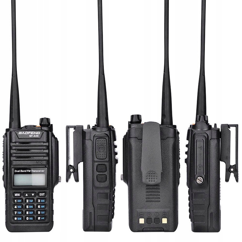 Radiotelefon Baofeng BF-A58 w czterech ujęciach - przód, oba boki i tył z klipsem do paska