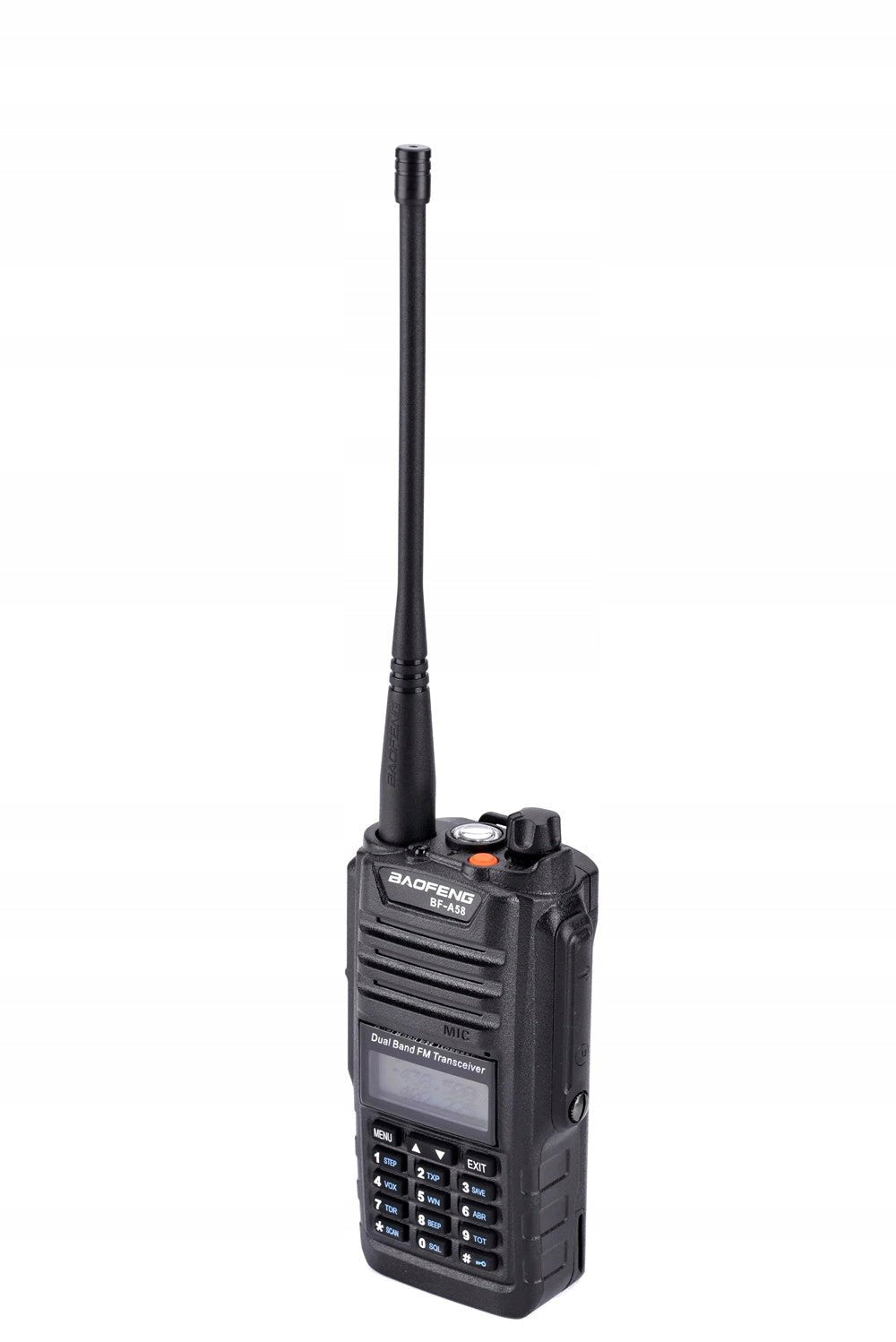Radiotelefon Baofeng BF-A58 z przodu - czarny dwupasmowy transceiver z anteną, głośnikiem, wyświetlaczem i klawiaturą