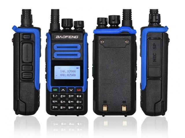Baofeng BF-H7 10W radio shown from four sides - from the left the side with the PTT button, the front with the display and keypad, the back with the battery contacts and the side with the MIC SP socket, on a white background with a reflection