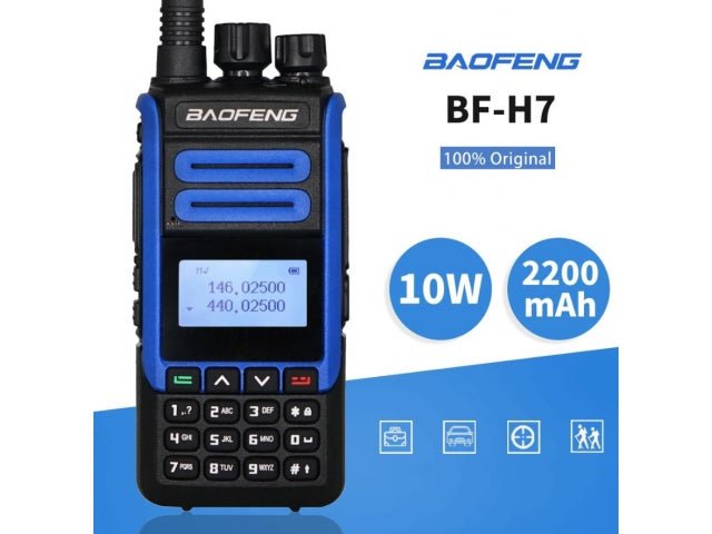 Product graphic of the Baofeng BF-H7 radio - the black-and-blue radio with an LCD display next to the BF-H7 and 100% Original captions and the 10W and 2200 mAh badges and use-case icons, on a blue-and-white background