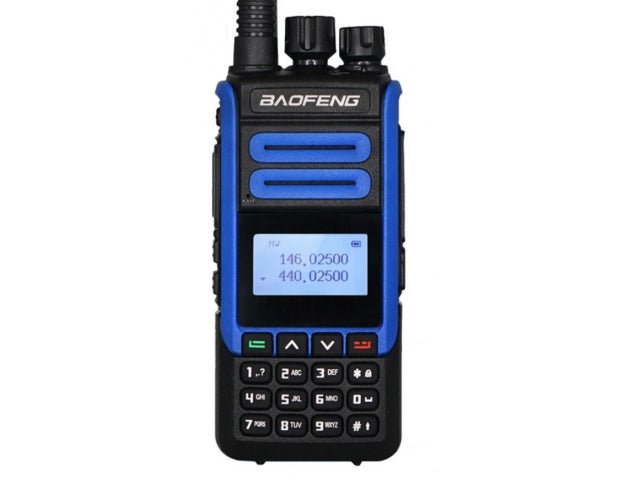 Baofeng BF-H7 10W radio in a front view - a black-and-blue body with the BAOFENG lettering, two knobs and an antenna on top, an LCD display and a full numeric keypad, on a white background
