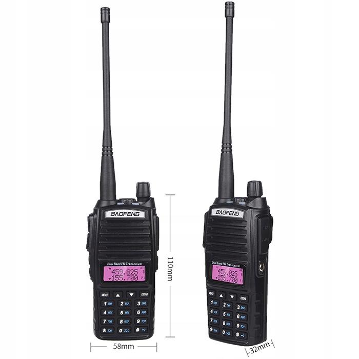 Czarny radiotelefon Baofeng UV-82 pokazany z przodu i z boku z zaznaczonymi wymiarami 110 mm wysokości, 58 mm szerokości i 32 mm głębokości
