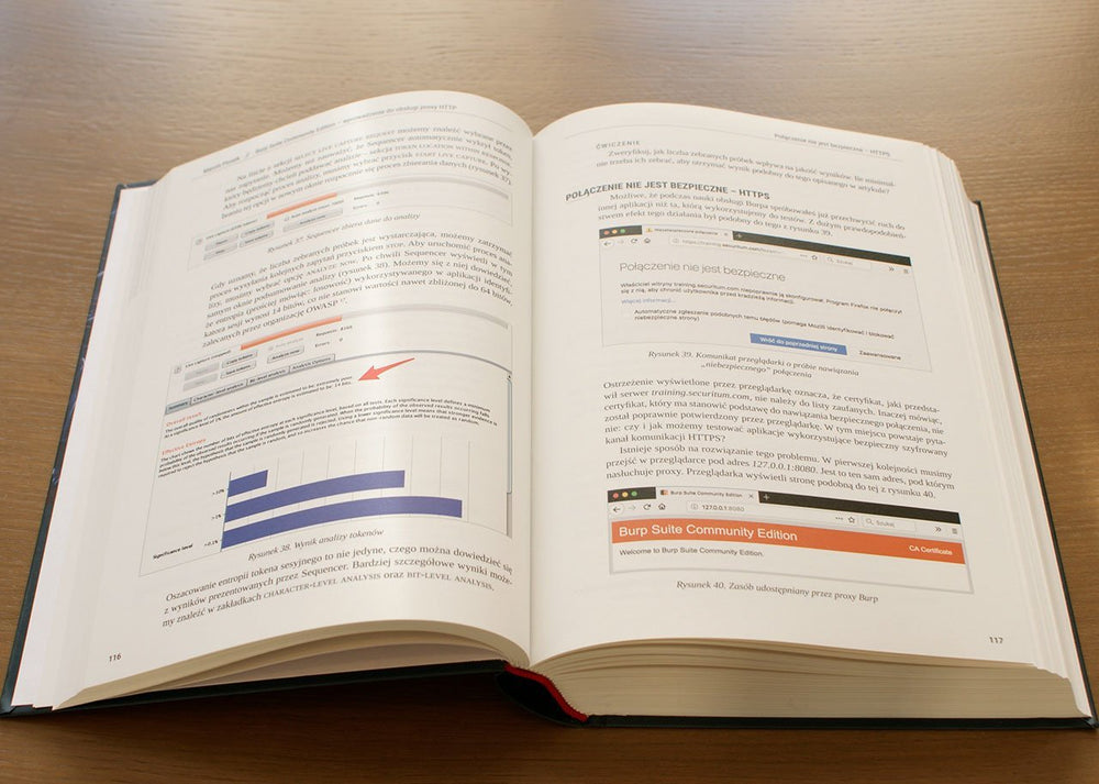 Aufgeschlagenes Buch Bezpieczeństwo aplikacji webowych auf Seiten mit Inhalten über Burp Suite und HTTPS-Sicherheit, mit Screenshots und Diagrammen