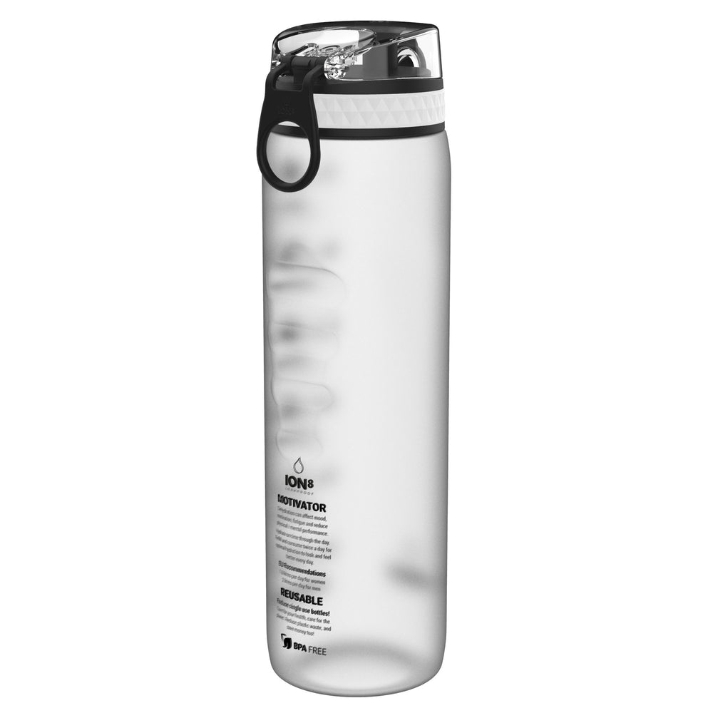 Clear ION8 1000 ml water bottle with the description side - the Motivator and Reusable texts and the BPA Free marking