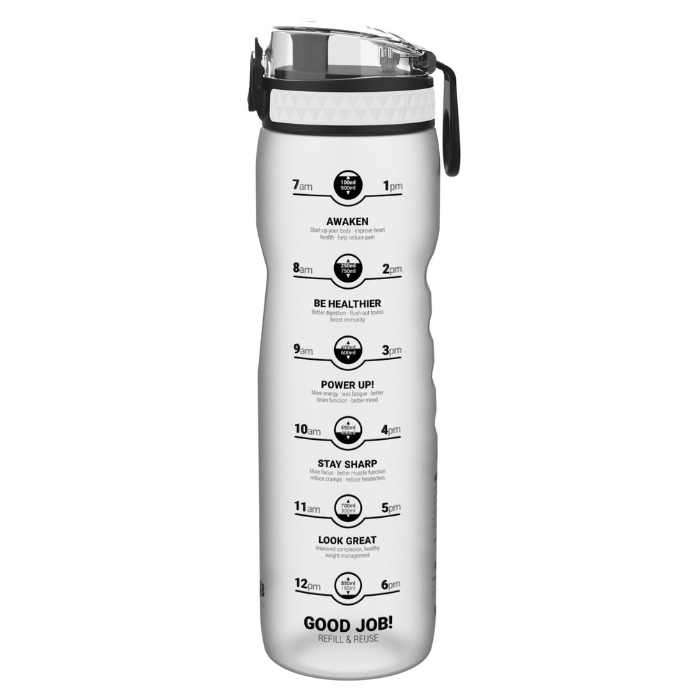 Clear ION8 1000 ml water bottle with the motivator side - an hourly scale from 7am to 6pm with hydration slogans