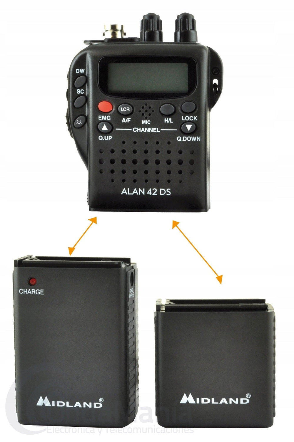 Black portable CB radio Midland Alan 42 DS shown from the front with function keys and the back with a battery compartment and charging LED