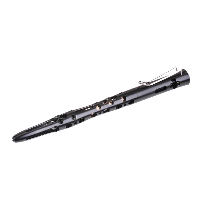 NexTool KT5513A tactical pen at an angle, with the pointed glass-breaker tip and the skeletonised grip with copper accents