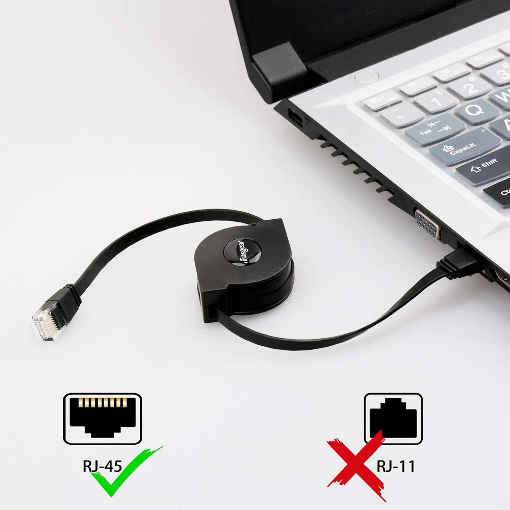 Retractable Fasgear Cat 6 Ethernet cable next to a laptop and a comparison of connectors - compatible RJ-45, incompatible RJ-11