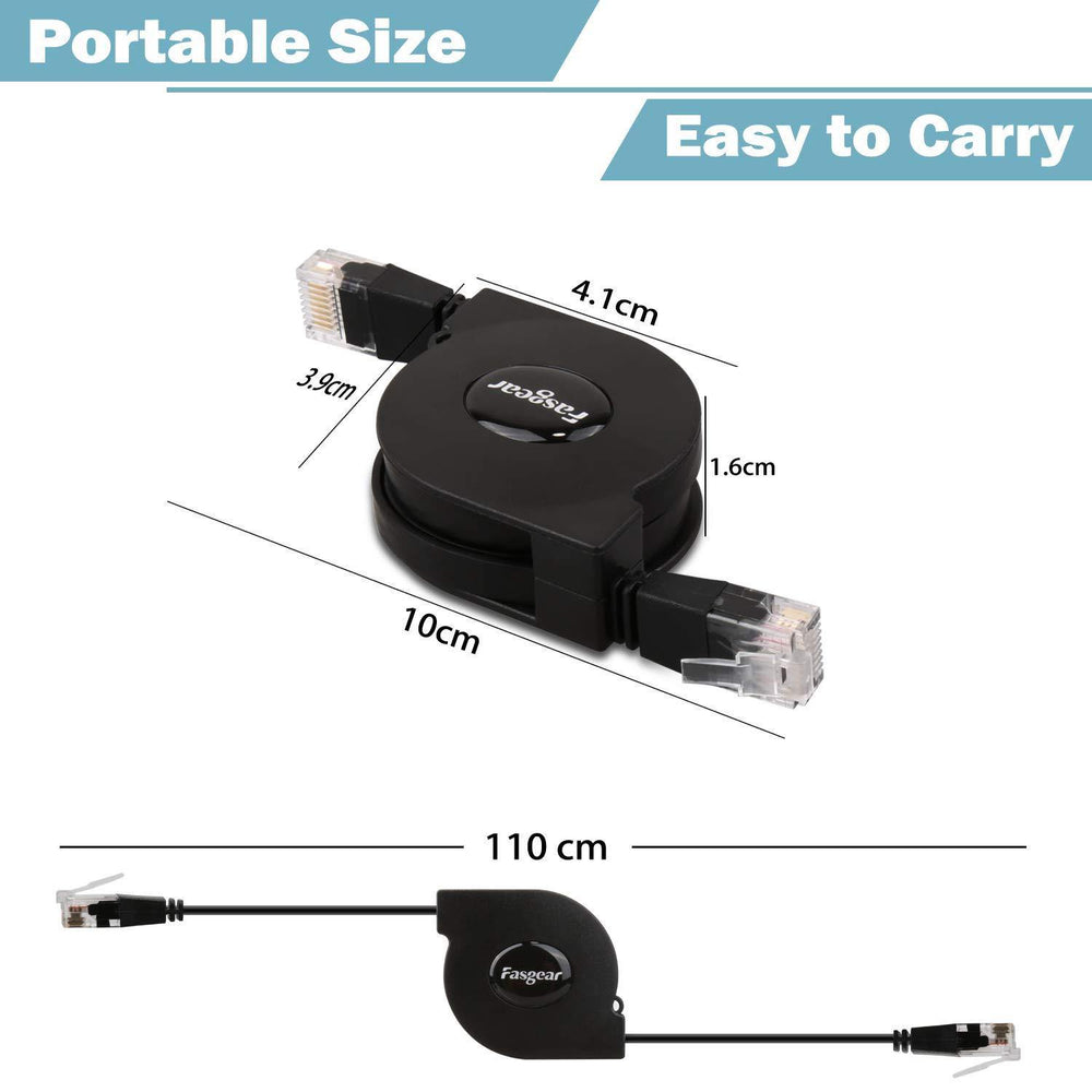 Infographic of the size of the retractable Fasgear Cat 6 Ethernet cable - dimensions when retracted (4.1 x 3.9 x 1.6 cm) and extended (110 cm), RJ45 plugs