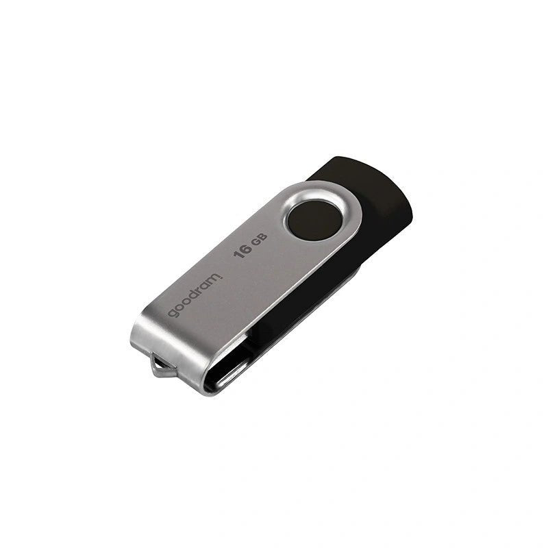 GoodRam Twister 16 GB Flash-Laufwerk mit schwarzem Drehkörper und silbernem Metallbügel, mit eingezogenem Stecker