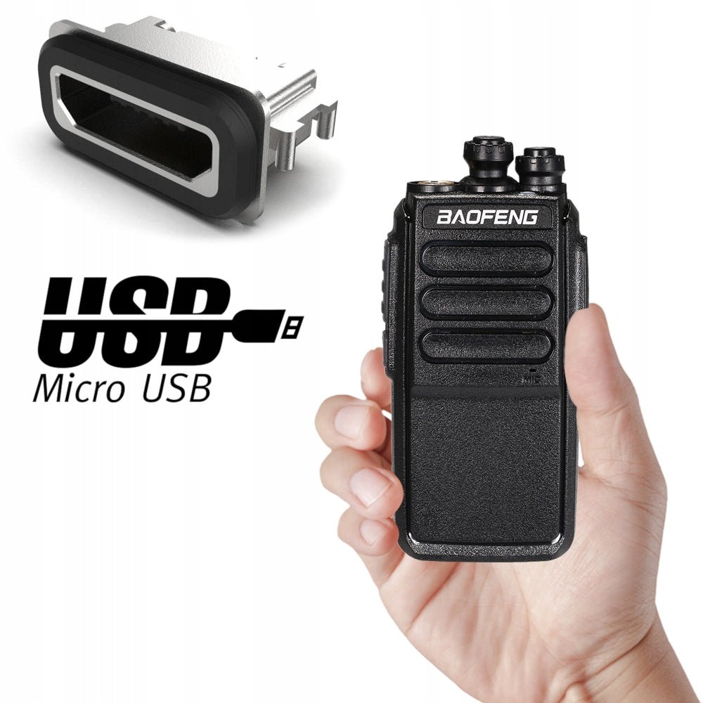 Baofeng C3 walkie-talkie held in a hand, with a close-up of the Micro USB charging port